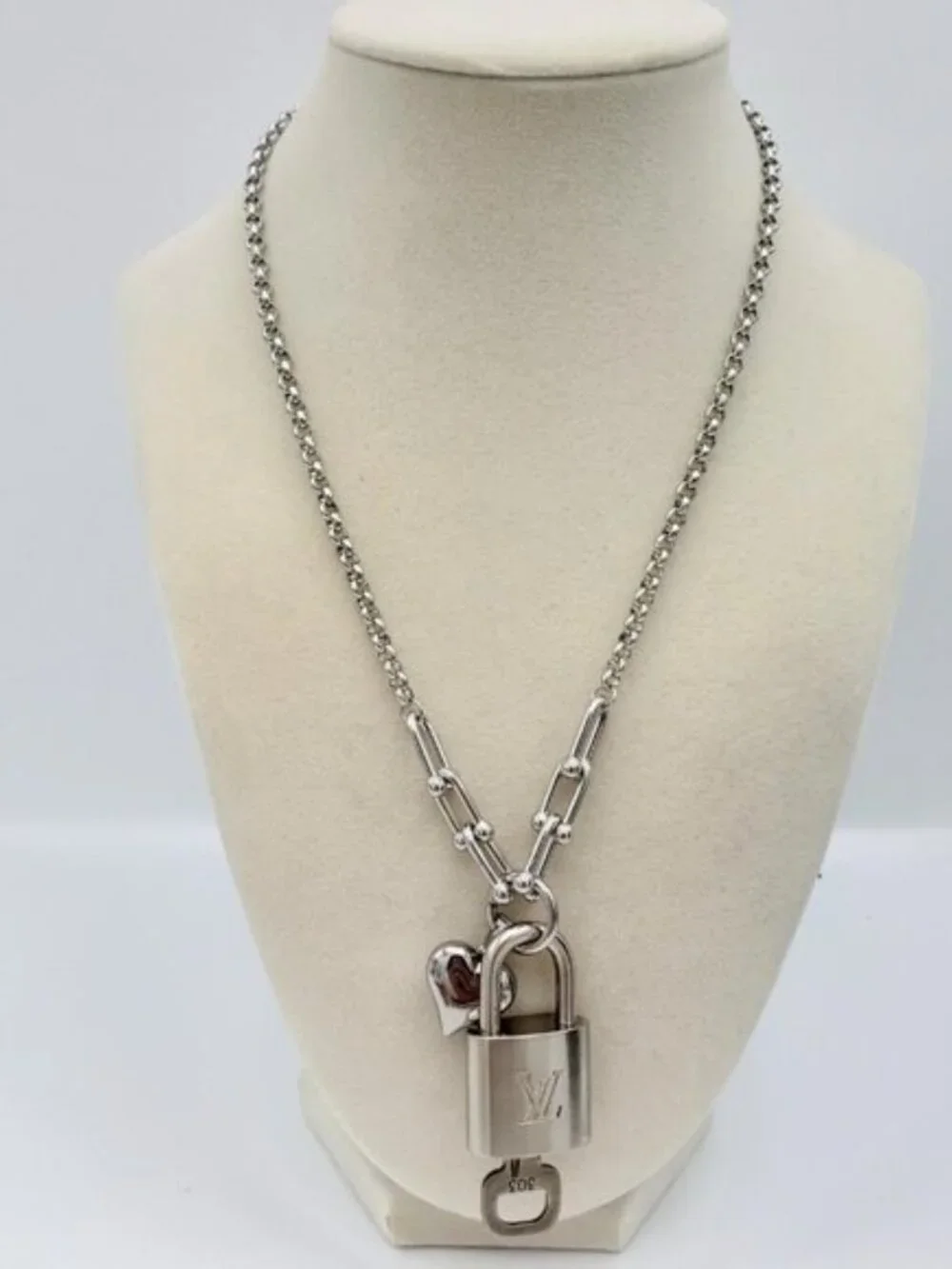 Stainless Steel Silver-Plated Necklace + Authentic Louis Vuitton Lock Pendant